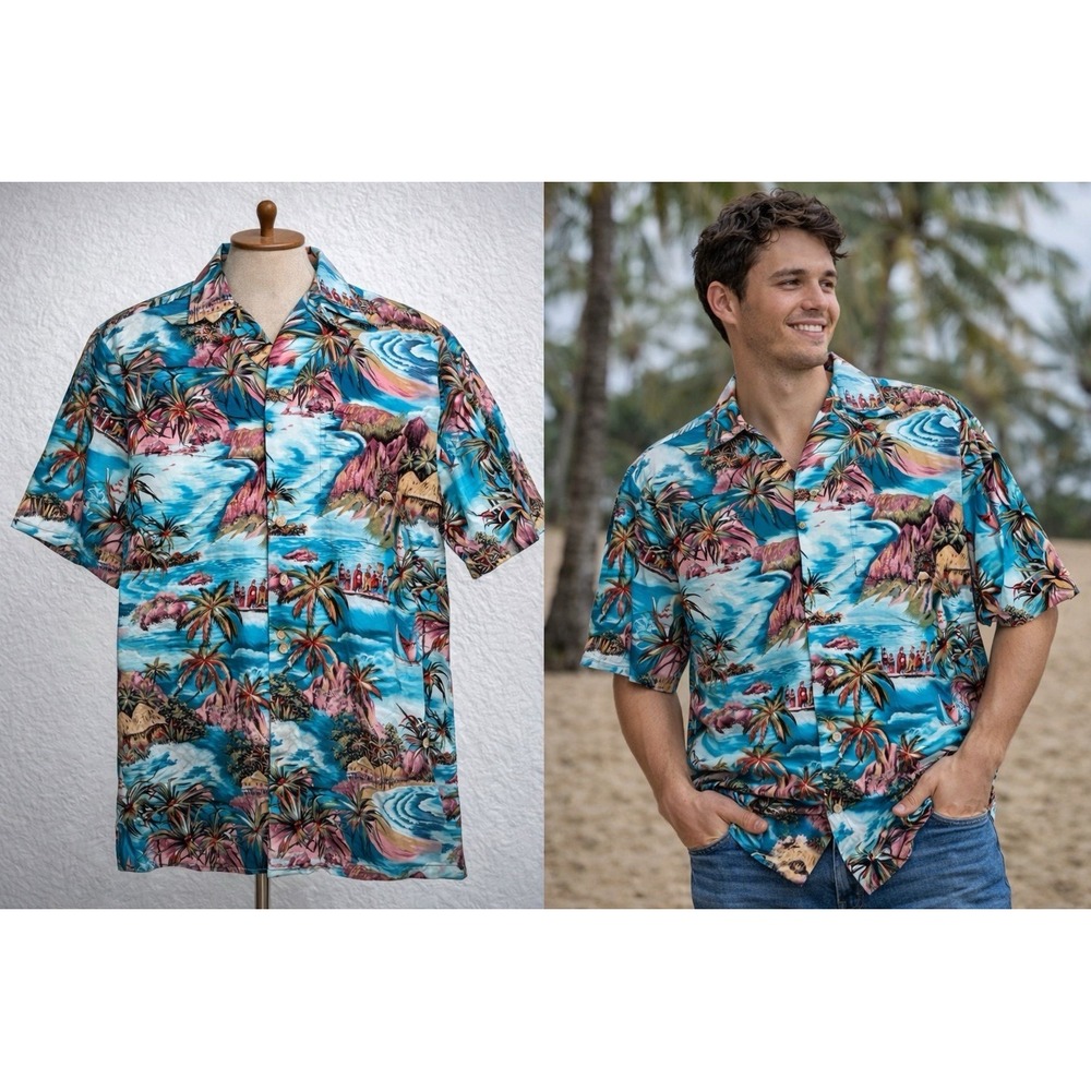 Hawaiian Shirt Mens XL Blue Tiki Tribal Island Print Button Aloha Camp RJC Beach